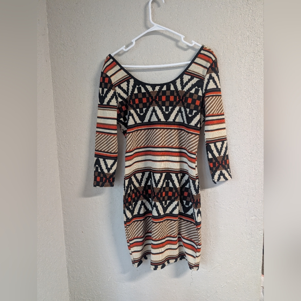Retro Geometric Bodycon Dress L Boho Festival 70s Vibe Stretchy 3/4 Sleeve Twee